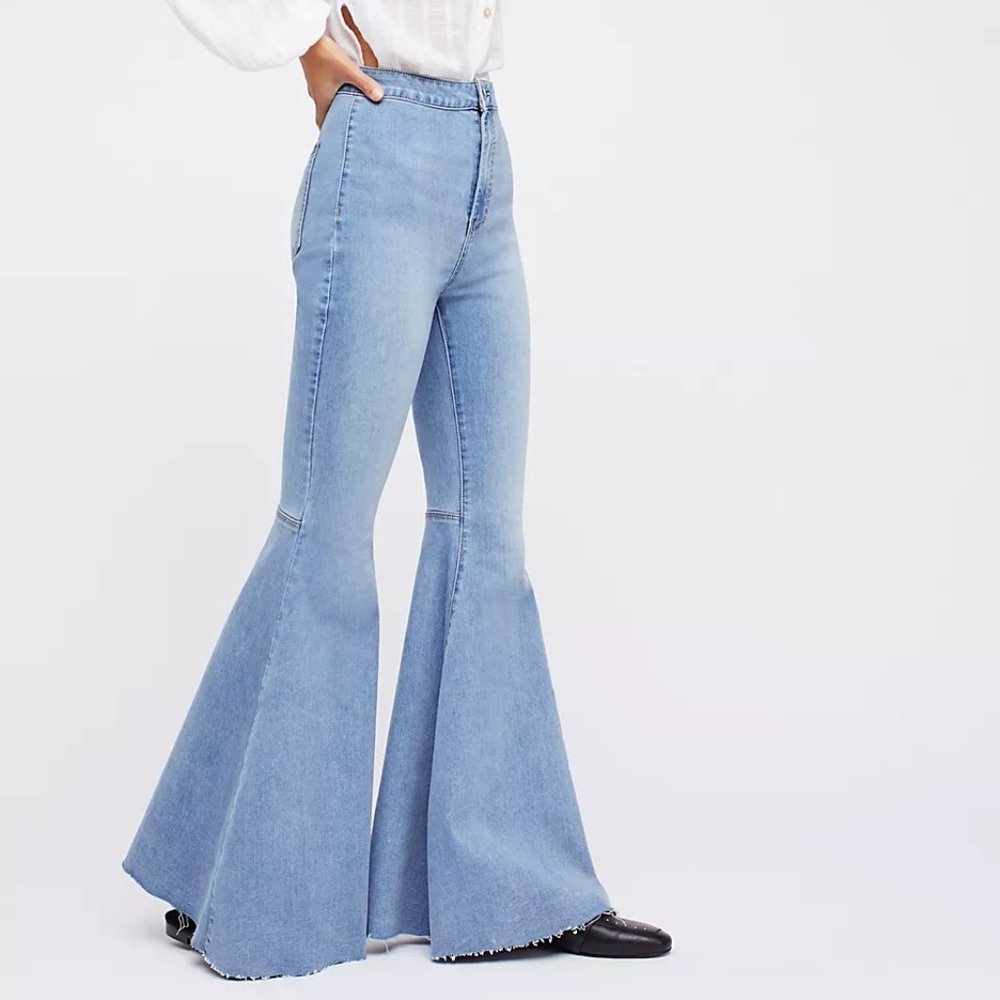 Free People Float On Super Flare Jeans 27 Bermondsey Blue Denim Boho - Picture 2 of 9